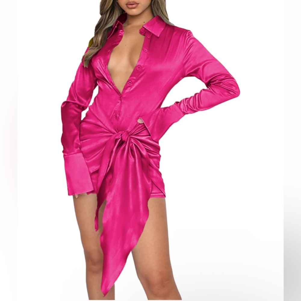 NWT Lyaner Size L Rose Deep V Neck Button Down Tie Front Long Sleeve Mini Dress